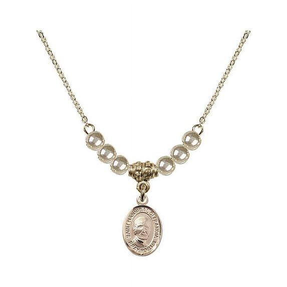 18-Inch Hamilton Gold Plated Necklace with 4mm Faux-Pearl Beads and Saint Hannibal Charm