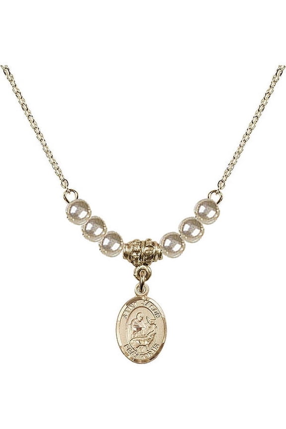 18-Inch Hamilton Gold Plated Necklace with 4mm Faux-Pearl Beads and Saint Jason Charm
