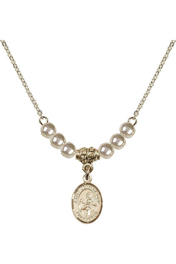 18-Inch Hamilton Gold Plated Necklace with 4mm Faux-Pearl Beads and Saint John of God Charm