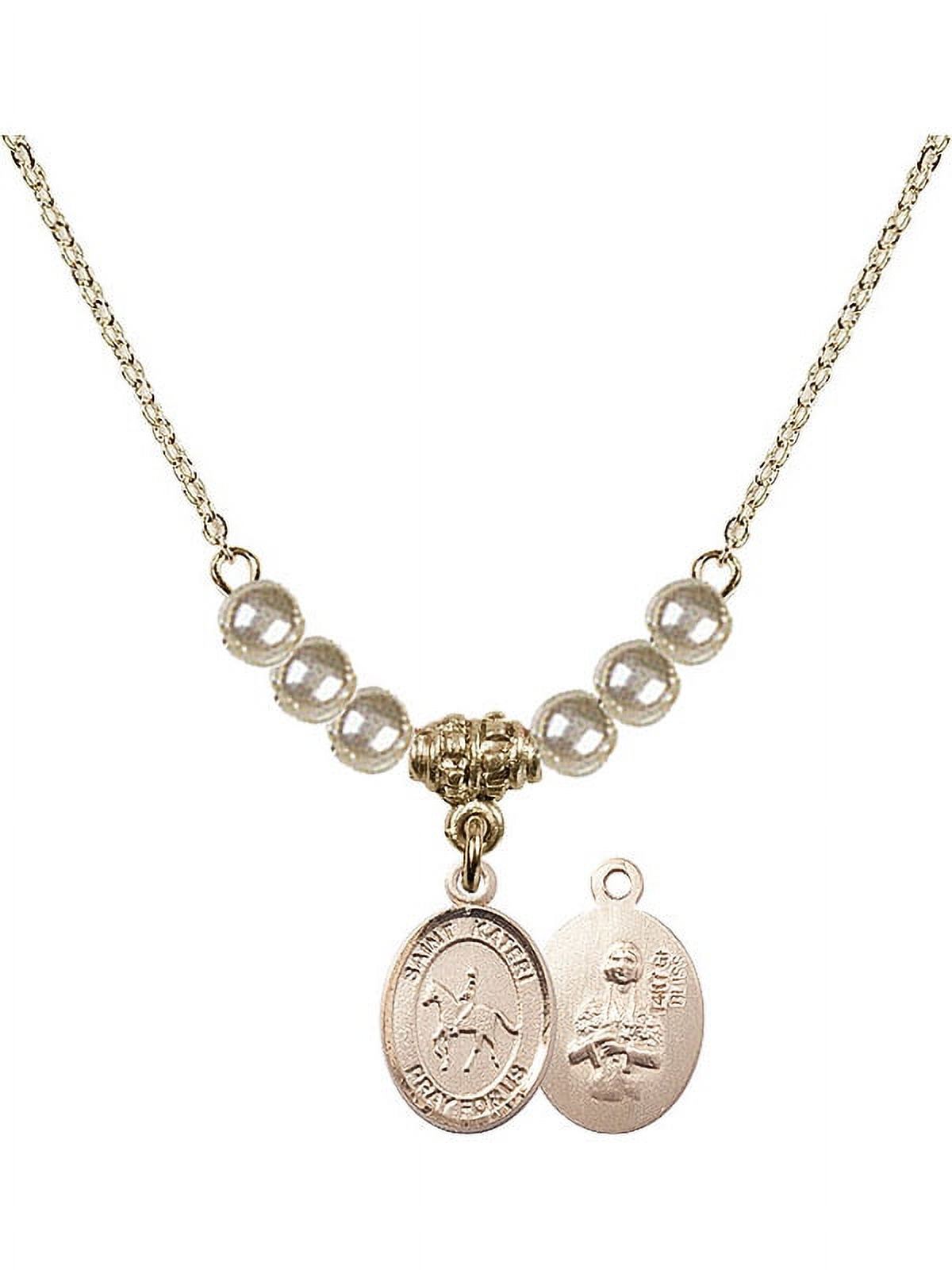 18-Inch Hamilton Gold Plated Necklace with 4mm Faux-Pearl Beads and Saint Kateri/Equestrian Charm