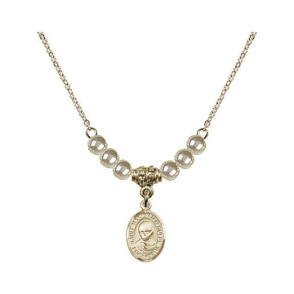 18-Inch Hamilton Gold Plated Necklace with 4mm Faux-Pearl Beads and Saint Maximilian Kolbe Charm
