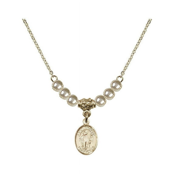 18-Inch Hamilton Gold Plated Necklace with 4mm Faux-Pearl Beads and Saint Richard Charm