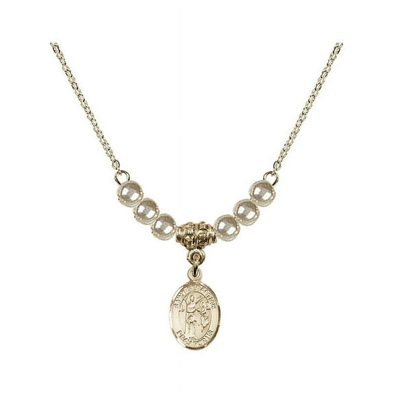 18-Inch Hamilton Gold Plated Necklace with 4mm Faux-Pearl Beads and Saint Sebastian Charm