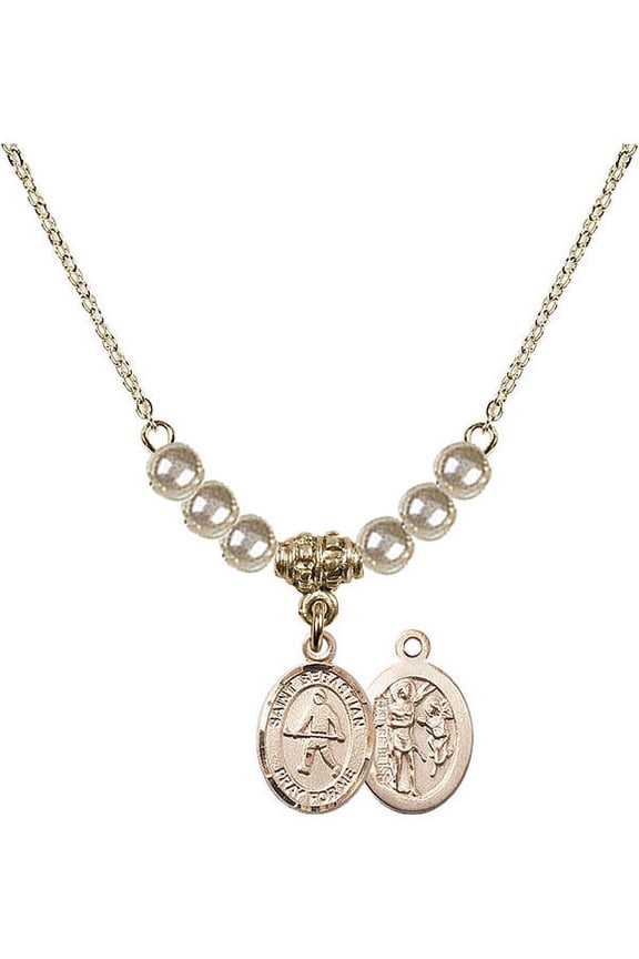 18-Inch Hamilton Gold Plated Necklace with 4mm Faux-Pearl Beads and Saint Sebastian/Field Hockey Charm