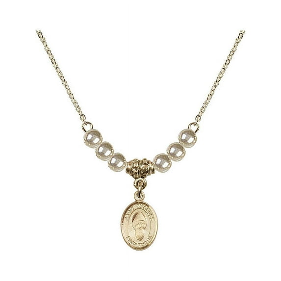 18-Inch Hamilton Gold Plated Necklace with 4mm Faux-Pearl Beads and Saint Sharbel Charm