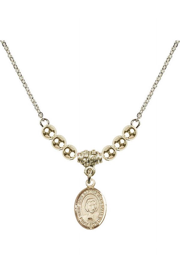 18-Inch Hamilton Gold Plated Necklace with 4mm Gold Filled Beads and Saint John Baptist de la Salle Charm