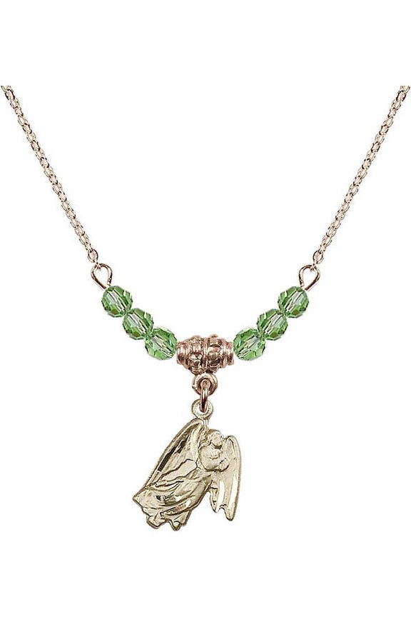 18-Inch Hamilton Gold Plated Necklace with 4mm Green August Birth Month Stone Beads and Guardian Angel Charm