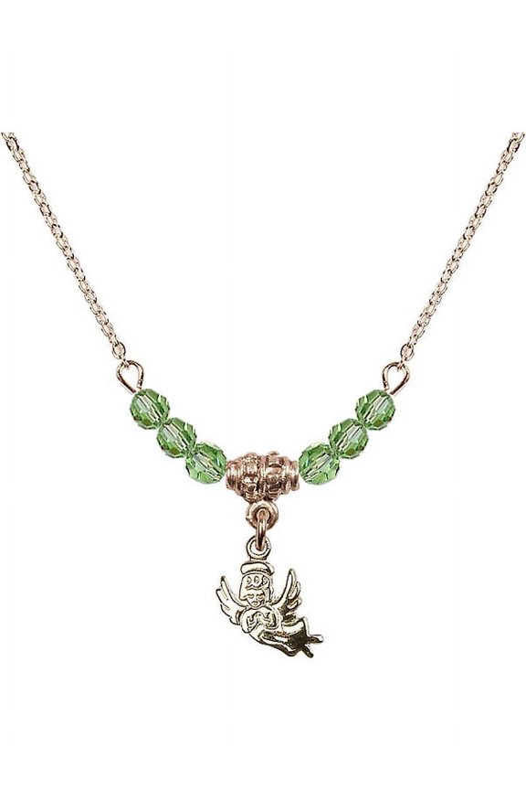 18-Inch Hamilton Gold Plated Necklace with 4mm Green August Birth Month Stone Beads and Guardian Angel Charm