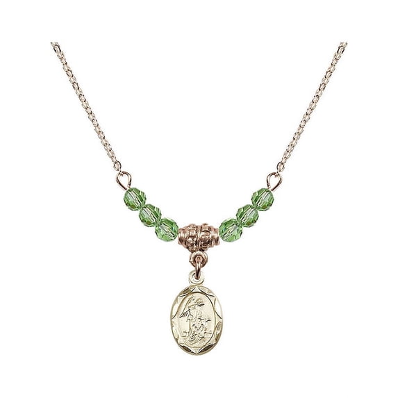 18-Inch Hamilton Gold Plated Necklace with 4mm Green August Birth Month Stone Beads and Guardian Angel Charm