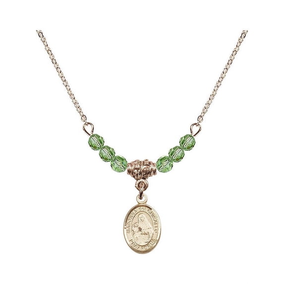 18-Inch Hamilton Gold Plated Necklace with 4mm Green August Birth Month Stone Beads and Madonna del Ghisallo Charm