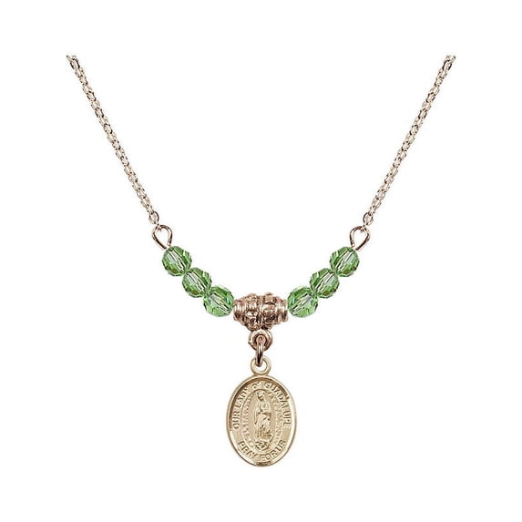 18-Inch Hamilton Gold Plated Necklace with 4mm Green August Birth Month Stone Beads and Our Lady of Guadalupe Charm