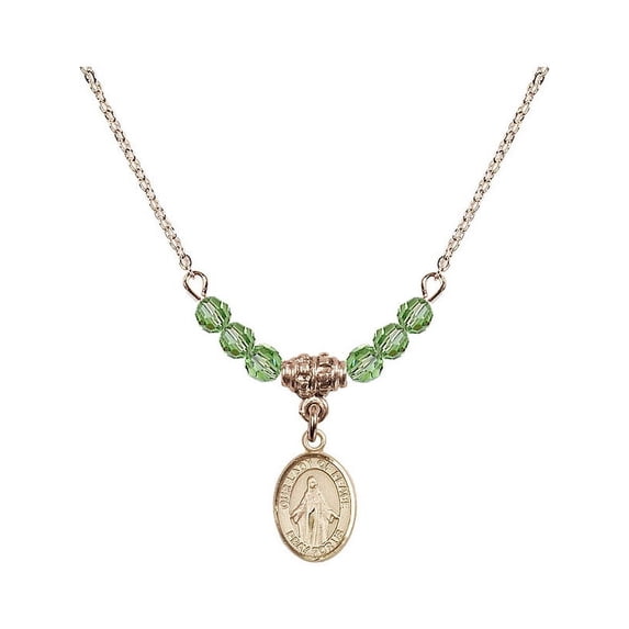 18-Inch Hamilton Gold Plated Necklace with 4mm Green August Birth Month Stone Beads and Our Lady of Peace Charm