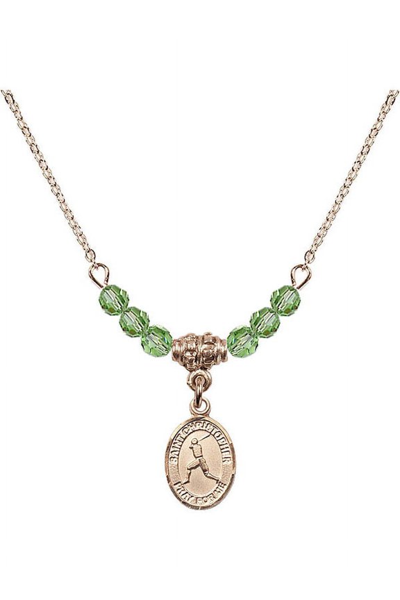 18-Inch Hamilton Gold Plated Necklace with 4mm Green August Birth Month Stone Beads and Saint Christopher/Baseball Charm