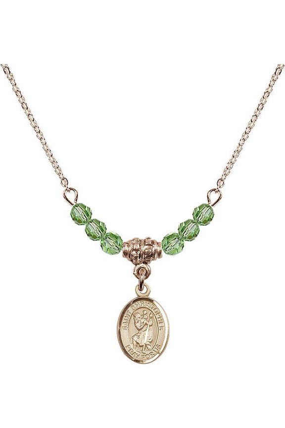 18-Inch Hamilton Gold Plated Necklace with 4mm Green August Birth Month Stone Beads and Saint Christopher Charm