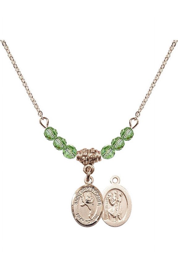 18-Inch Hamilton Gold Plated Necklace with 4mm Green August Birth Month Stone Beads and Saint Christopher/Martial Arts Charm
