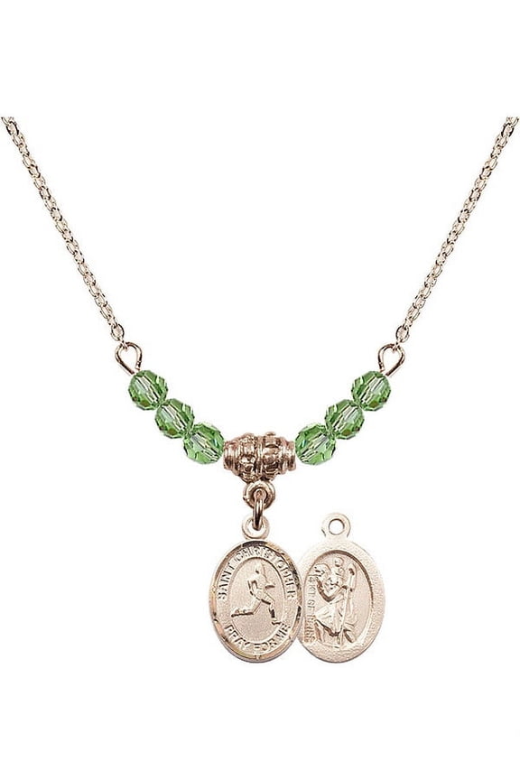 18-Inch Hamilton Gold Plated Necklace with 4mm Green August Birth Month Stone Beads and Saint Christopher/Track & Field Charm