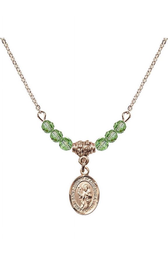18-Inch Hamilton Gold Plated Necklace with 4mm Green August Birth Month Stone Beads and Saint Joseph of Arimathea Charm