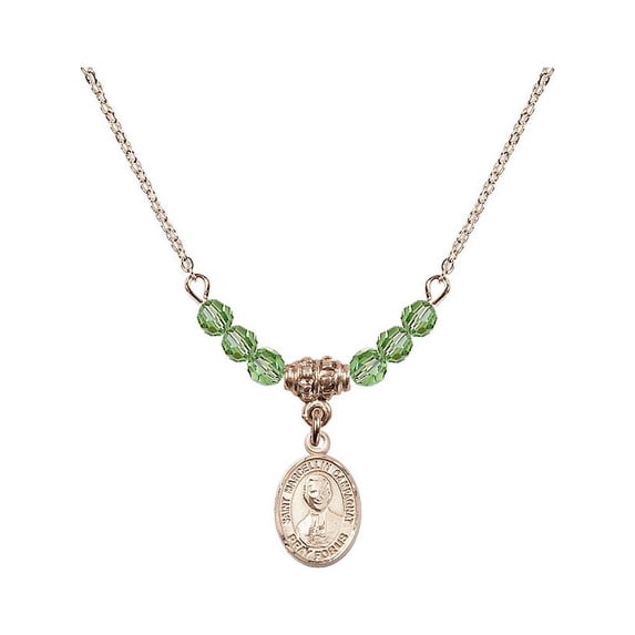 18-Inch Hamilton Gold Plated Necklace with 4mm Green August Birth Month Stone Beads and Saint Marcellin Champagnat Charm