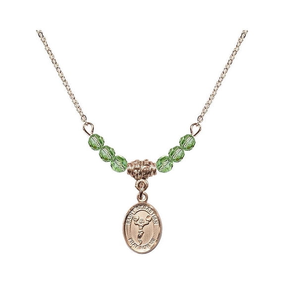 18-Inch Hamilton Gold Plated Necklace with 4mm Green August Birth Month Stone Beads and Saint Sebastian/Cheerleading Charm
