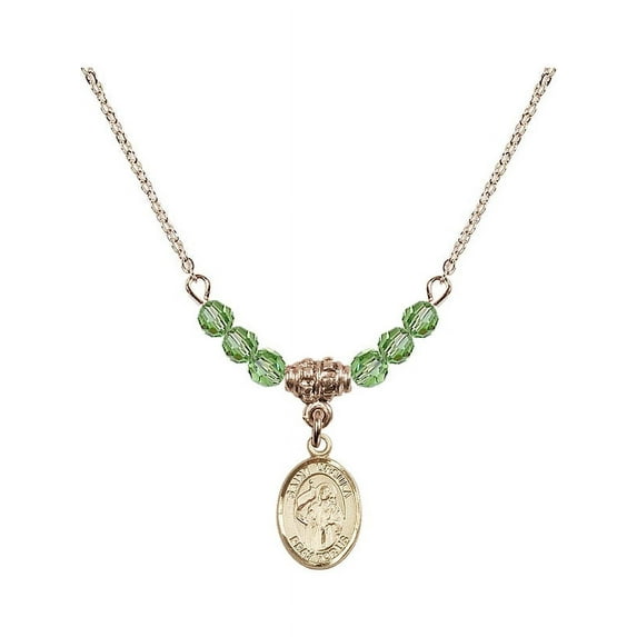 18-Inch Hamilton Gold Plated Necklace with 4mm Green August Birth Month Stone Beads and Saint Ursula Charm