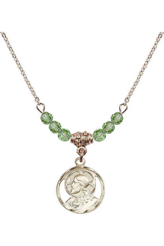18-Inch Hamilton Gold Plated Necklace with 4mm Green August Birth Month Stone Beads and Scapular Charm