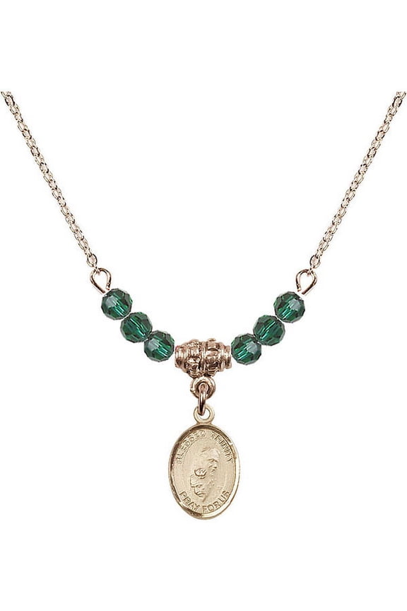 18-Inch Hamilton Gold Plated Necklace with 4mm Green May Birth Month Stone Beads and Blessed Trinity Charm
