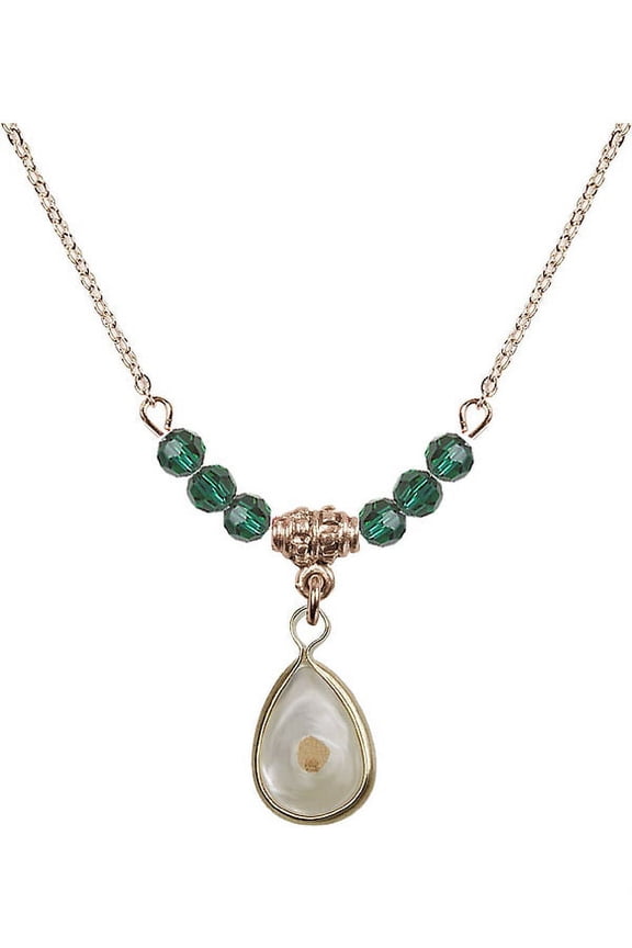 18-Inch Hamilton Gold Plated Necklace with 4mm Green May Birth Month Stone Beads and Mustard Seed Charm