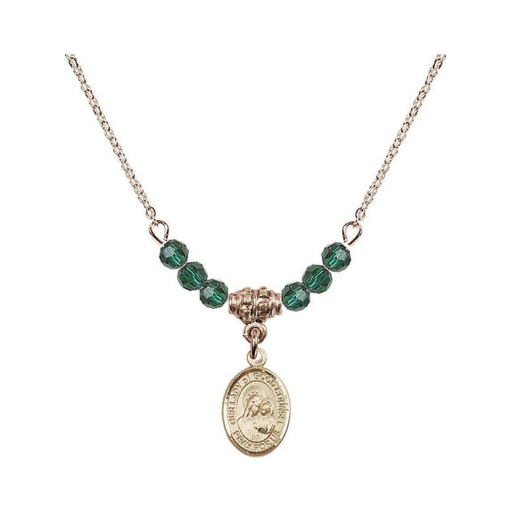 18-Inch Hamilton Gold Plated Necklace with 4mm Green May Birth Month Stone Beads and Our Lady of Good Counsel Charm