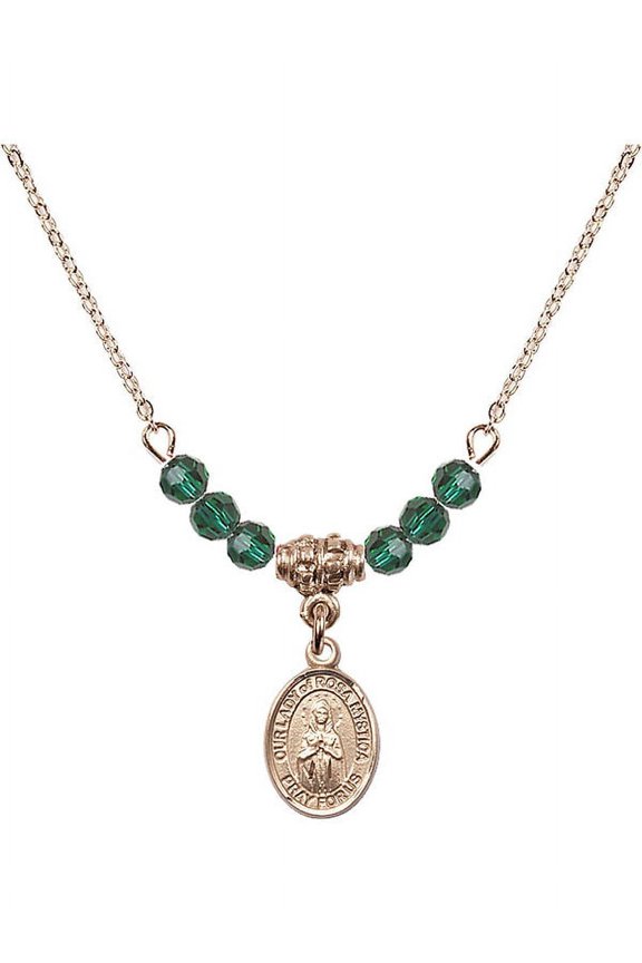 18-Inch Hamilton Gold Plated Necklace with 4mm Green May Birth Month Stone Beads and Our Lady of Rosa Mystica Charm