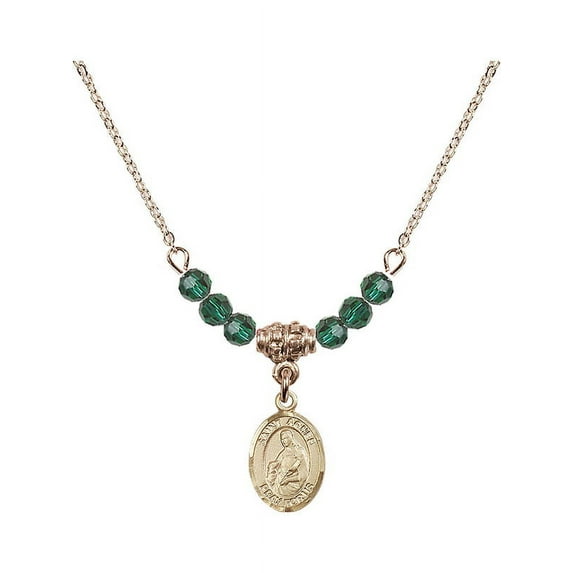 18-Inch Hamilton Gold Plated Necklace with 4mm Green May Birth Month Stone Beads and Saint Agnes of Rome Charm
