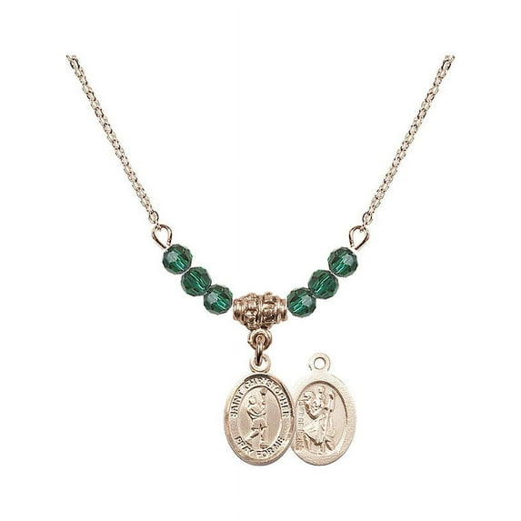 18-Inch Hamilton Gold Plated Necklace with 4mm Green May Birth Month Stone Beads and Saint Christopher/Lacrosse Charm
