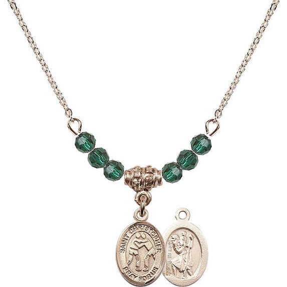 18-Inch Hamilton Gold Plated Necklace with 4mm Green May Birth Month Stone Beads and Saint Christopher/Wrestling Charm