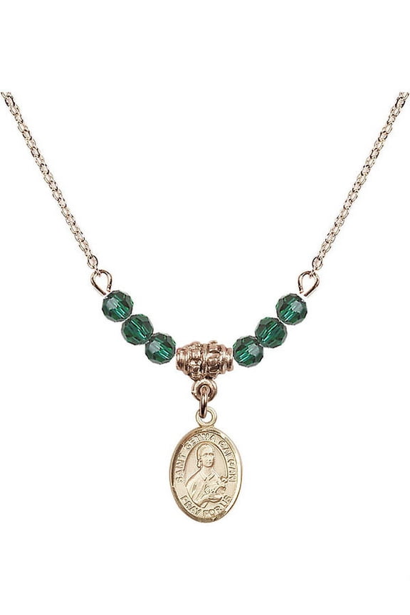 18-Inch Hamilton Gold Plated Necklace with 4mm Green May Birth Month Stone Beads and Saint Gemma Galgani Charm