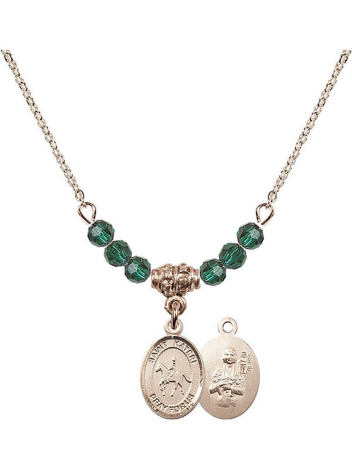 18-Inch Hamilton Gold Plated Necklace with 4mm Green May Birth Month Stone Beads and Saint Kateri/Equestrian Charm