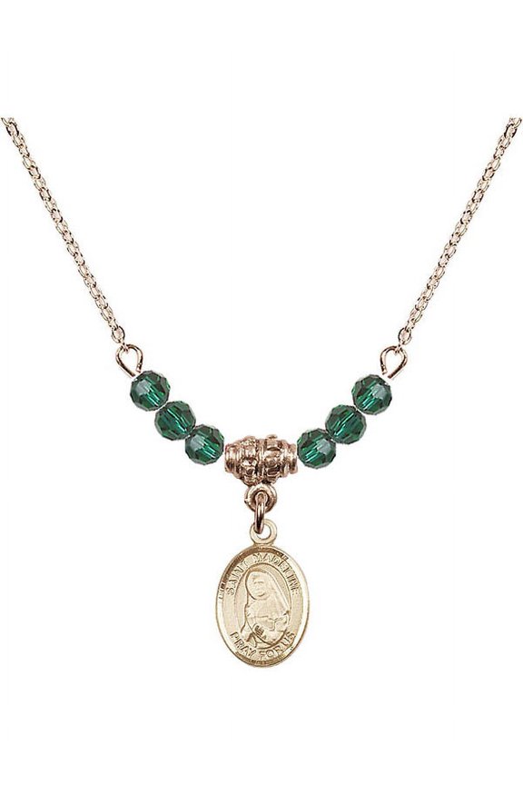 18-Inch Hamilton Gold Plated Necklace with 4mm Green May Birth Month Stone Beads and Saint Madeline Sophie Barat Charm
