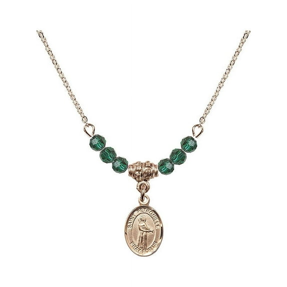 18-Inch Hamilton Gold Plated Necklace with 4mm Green May Birth Month Stone Beads and Saint Petronille Charm