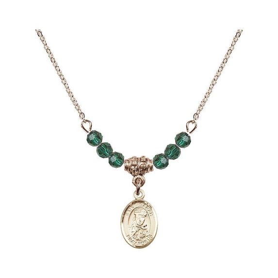 18-Inch Hamilton Gold Plated Necklace with 4mm Green May Birth Month Stone Beads and Saint Sarah Charm