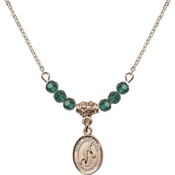 18-Inch Hamilton Gold Plated Necklace with 4mm Green May Birth Month Stone Beads and Saint Sebastian/Basketball Charm