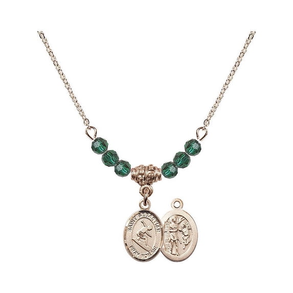 18-Inch Hamilton Gold Plated Necklace with 4mm Green May Birth Month Stone Beads and Saint Sebastian/Surfing Charm