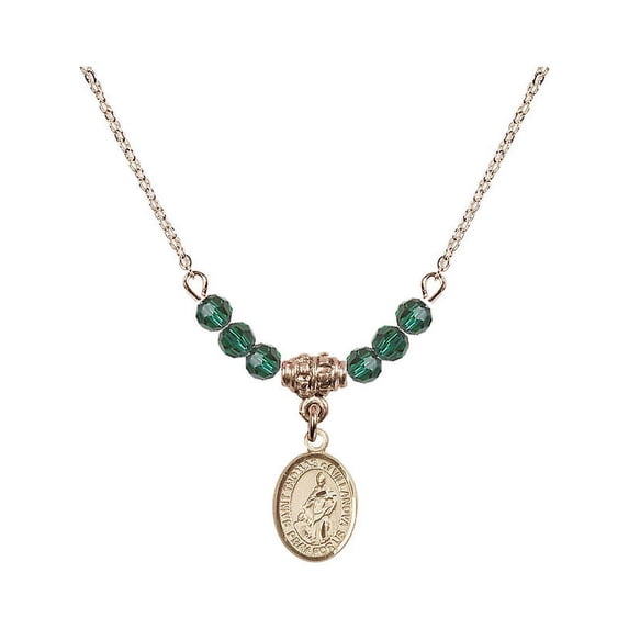 18-Inch Hamilton Gold Plated Necklace with 4mm Green May Birth Month Stone Beads and Saint Thomas of Villanova Charm
