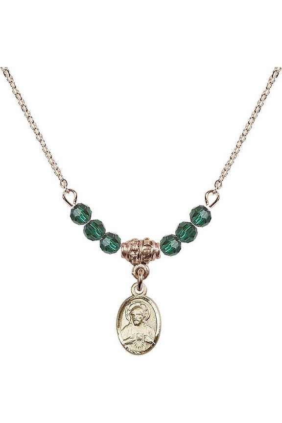 18-Inch Hamilton Gold Plated Necklace with 4mm Green May Birth Month Stone Beads and Scapular Charm