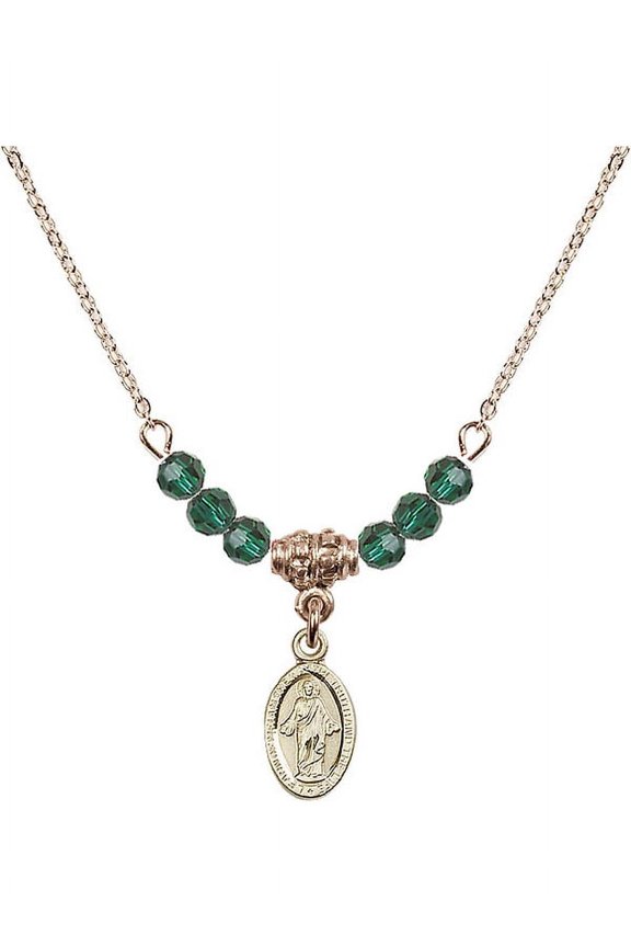 18-Inch Hamilton Gold Plated Necklace with 4mm Green May Birth Month Stone Beads and Scapular Charm
