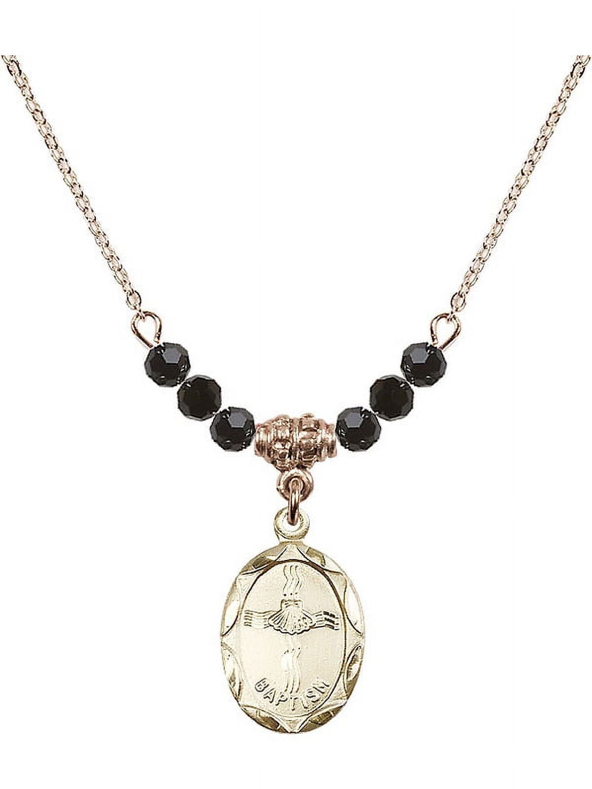 18-Inch Hamilton Gold Plated Necklace with 4mm Jet Birth Month Stone Beads and Baptism Charm