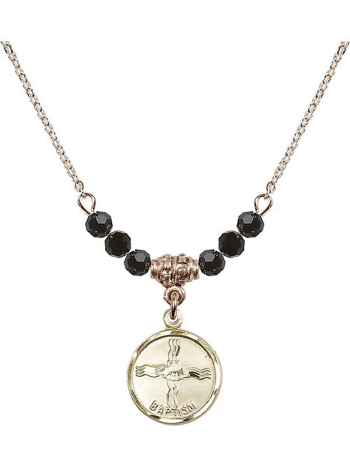 18-Inch Hamilton Gold Plated Necklace with 4mm Jet Birth Month Stone Beads and Baptism Charm