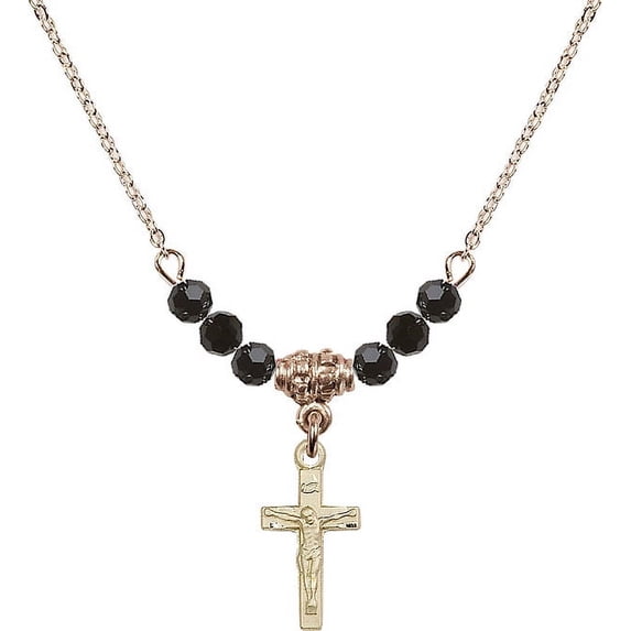 18-Inch Hamilton Gold Plated Necklace with 4mm Jet Birth Month Stone Beads and Crucifix Charm