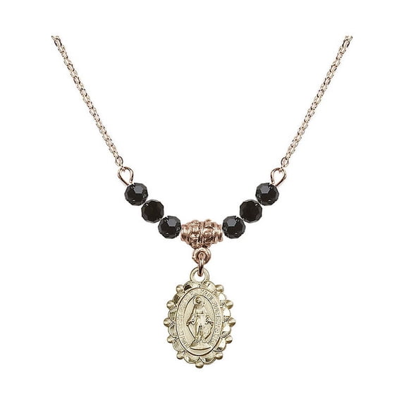 18-Inch Hamilton Gold Plated Necklace with 4mm Jet Birth Month Stone Beads and Miraculous Charm