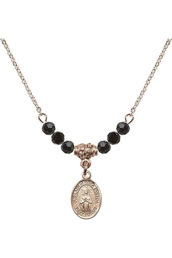 18-Inch Hamilton Gold Plated Necklace with 4mm Jet Birth Month Stone Beads and Our Lady of Rosa Mystica Charm