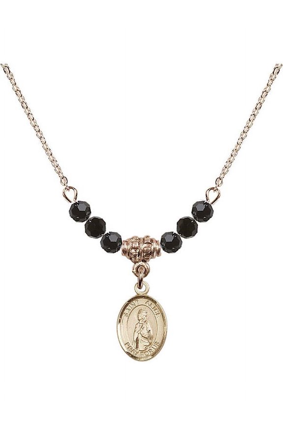 18-Inch Hamilton Gold Plated Necklace with 4mm Jet Birth Month Stone Beads and Saint Alice Charm