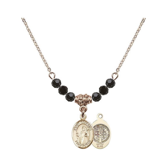18-Inch Hamilton Gold Plated Necklace with 4mm Jet Birth Month Stone Beads and Saint Benedict Charm