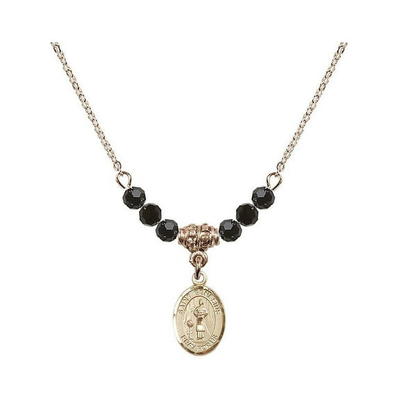18-Inch Hamilton Gold Plated Necklace with 4mm Jet Birth Month Stone Beads and Saint Genesius of Rome Charm
